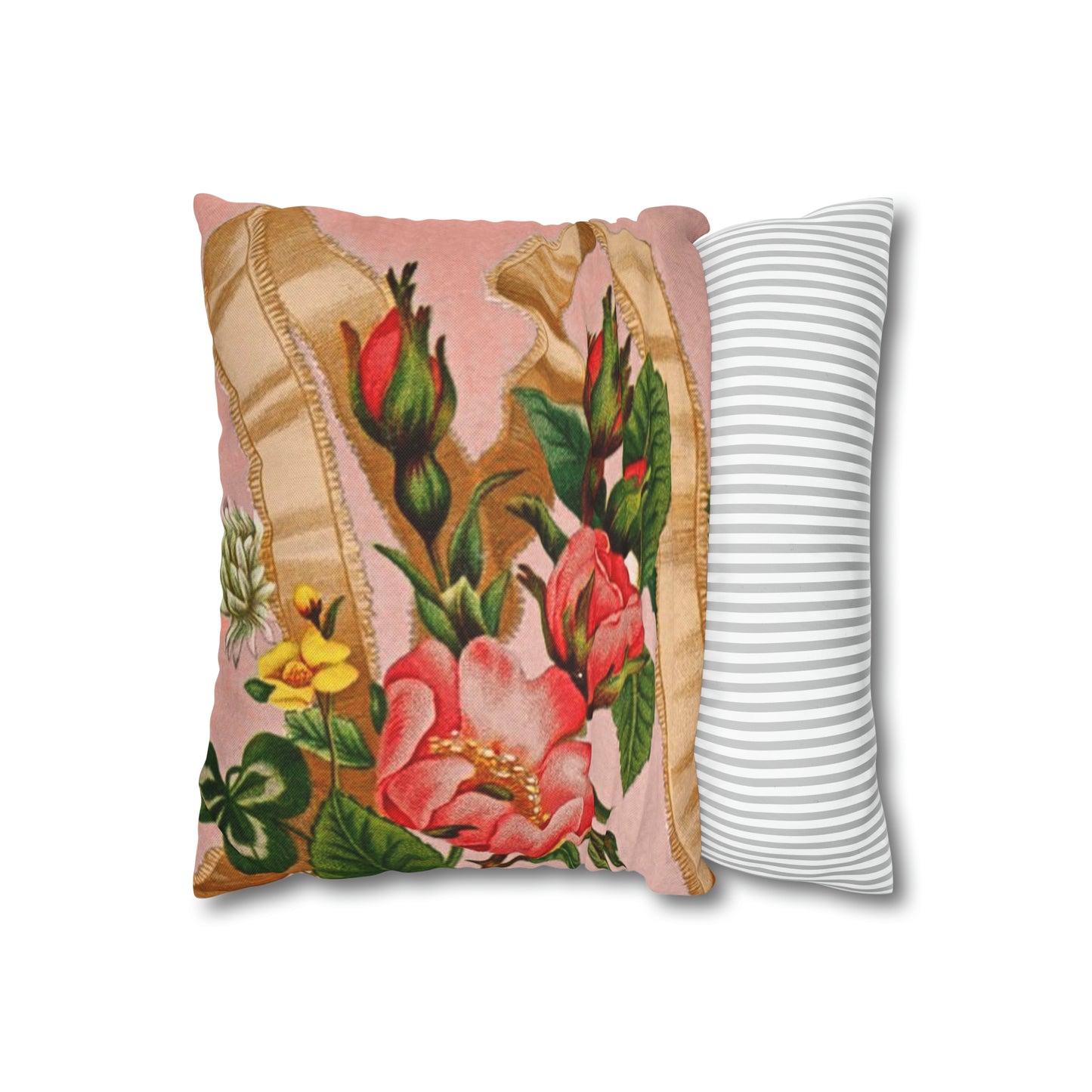 Pink Vintage Floral Ribbon Pillow Cover