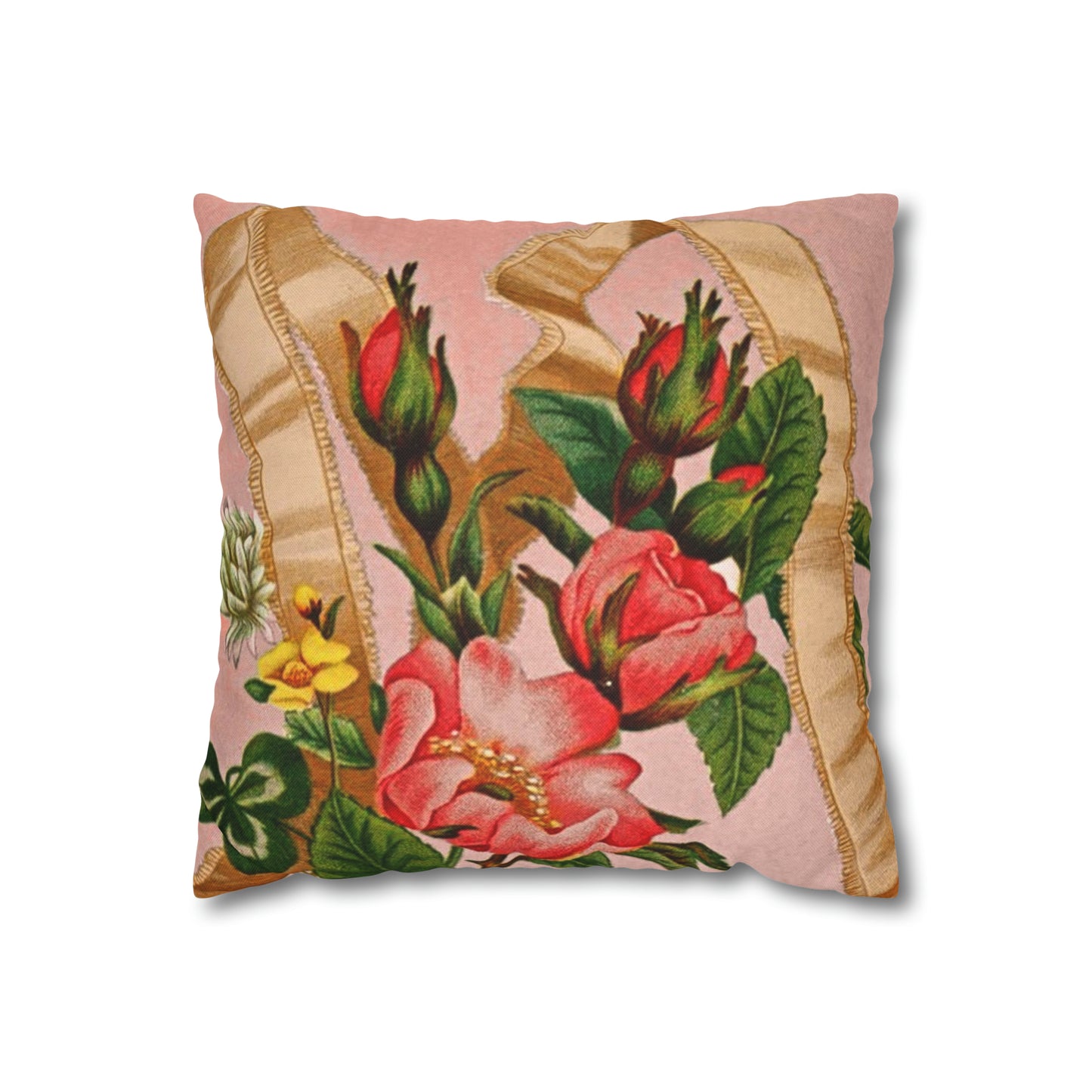 Pink Vintage Floral Ribbon Pillow Cover
